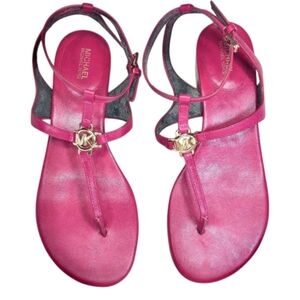 Michael Kors Monogram Logo Sandals 6.5 Pink Leather Gold T Strap Beach Flip Flop